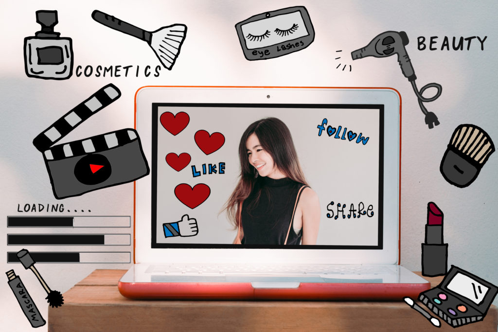 Laptop computer and asian vlogger woman with beauty and cosmetic illustration doodles. Beauty vlogger and Modern digital lifestyle concept for digital marketing and influencer social media platform marketing.